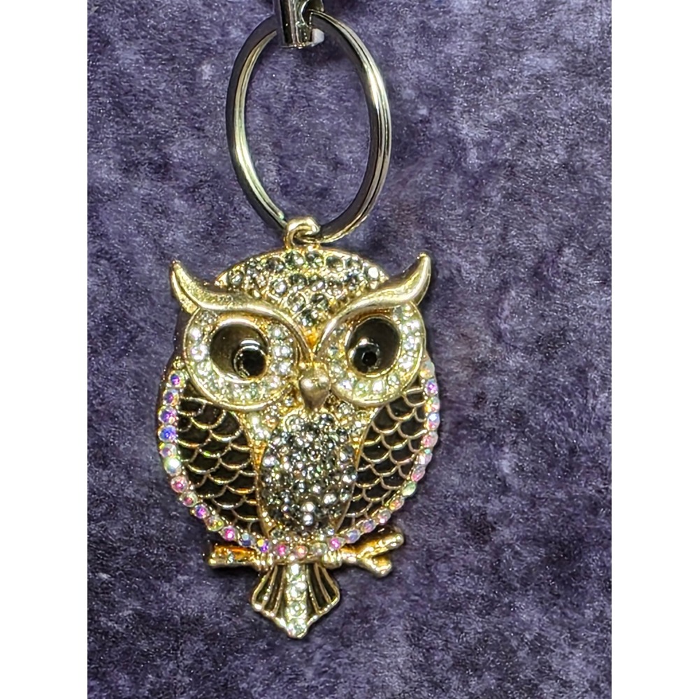 Gold Tone Rhinestone Owl Keychain Braided Faux Leather Strap Bag Charm Accessory